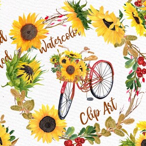 Watercolor clipart: &quot;SUNFLOWER CLIPART&quot; Bicycle clipart Wedding clipart Floral Wreaths Yellow Flowers Floral Illustration DIY Wedding