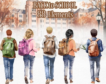 College Students Watercolor Clipart: Back to School Campus PNG (88 Files)