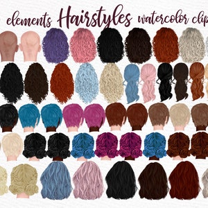Kapsels clipart: "GIRLS CLIPART" Aangepaste kapsels Lang haar Meisjes haar clipart Bald Girl Hair Aquarel clipart Grijs Vrouwen haar