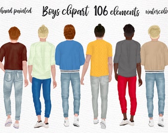 May include: Six watercolor illustrations of boys, each wearing different casual clothing. The boys are facing away from the viewer. The illustrations are hand-painted and include the text "Boys clipart 106 elements watercolor".