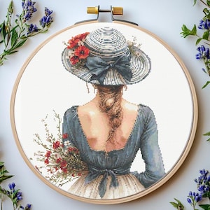 Romantic Girl with Flowers Cross Stitch Pattern (PDF)