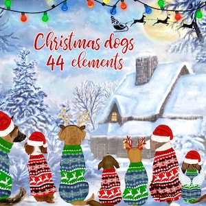 May include: A digital illustration of a snowy winter scene with a cabin in the background.  Seven dogs wearing Christmas sweaters are standing in a row looking towards the cabin.  The text "Christmas dogs 44 elements" is at the top of the image.
