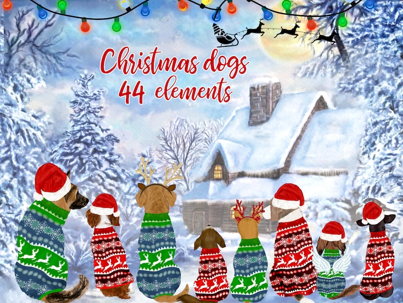 May include: A digital illustration of a snowy winter scene with a cabin in the background.  Seven dogs wearing Christmas sweaters are standing in a row looking towards the cabin.  The text "Christmas dogs 44 elements" is at the top of the image.