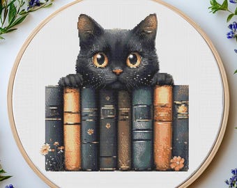 Black Cat with Books Cross Stitch Pattern: Cozy Feline Design (PDF)
