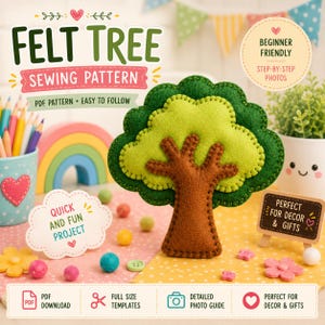 May include: A felt tree sewing pattern with the text "FELT TREE SEWING PATTERN". The tree is green and brown, with a light green center. The image includes the text "PDF PATTERN • EASY TO FOLLOW" and "BEGINNER FRIENDLY STEP-BY-STEP PHOTOS".