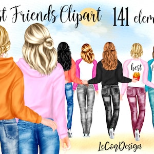 Best Friends Clipart: "JEANS HOODIE GIRLS" Bff clipart  Customizable clipart Custom besties Fashion Best Friends Sublimation Planner Girls