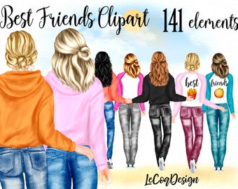 Best Friends Clipart: "JEANS HOODIE GIRLS" Bff clipart  Customizable clipart Custom besties Fashion Best Friends Sublimation Planner Girls