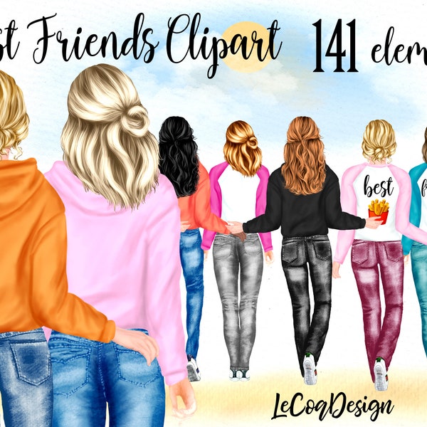 Best Friends Clipart: "JEANS HOODIE GIRLS" Bff clipart  Customizable clipart Custom besties Fashion Best Friends Sublimation Planner Girls