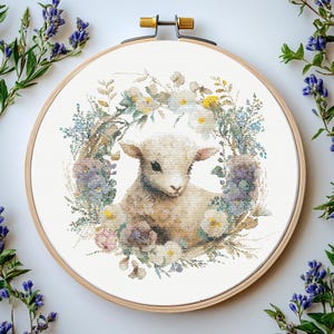 Lamb cross stitch pattern Pdf: &quot;CUTE EASTER LAMB&quot; Easter cross stitch Easter Embroidery Lamb Flowers cross stitch Farm Animal cross stitch