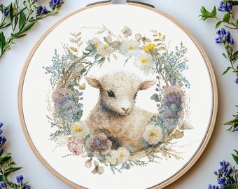 Lamb cross stitch pattern Pdf: "CUTE EASTER LAMB" Easter cross stitch Easter Embroidery Lamb Flowers cross stitch Farm Animal cross stitch
