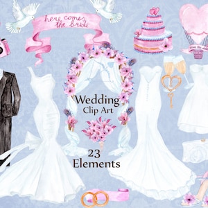 Puede incluir: Un conjunto de 23 elementos de clip art de boda en acuarela. El conjunto incluye una novia y un novio, un pastel de boda, un globo aerostático, un arco floral, un ramo, un par de anillos de boda, una llave, un par de copas de champán, un par de zapatos, un bolso de mano y una cámara. El texto "here comes the bride" y "save the date" también están incluidos.