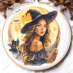 Cute Witch Cross Stitch Pattern PDF Halloween Embroidery Witch Needlepoint Halloween Girl Cross stitch Punto de Cruz Modern Cross stitch