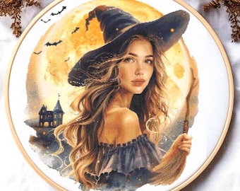 Jolie sorcière au point de croix, motif PDF Halloween, broderie, sorcière, couture, Halloween, girl, point de croix, Punto de Cruz, moderne, point de croix