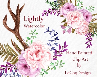 Antlers Watercolor clipart: "WEDDING CLIP ART" bouquets clipart Diy invites invitation clipart Boho wedding peonies floral clipart