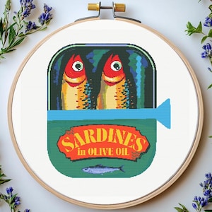 Sardines Can Cross Stitch Pattern: &quot;SARDINES CROSS STITCH&quot; Fish Can Cross Stitch Pattern Cross Stitch Sardine Food Art Kitchen cross stitch