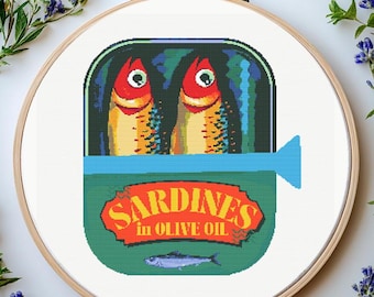 Sardines Can Cross Stitch Pattern: Food Art Kitchen Decor (PDF Pattern)