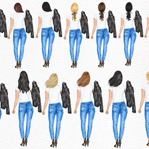 Op de afbeelding: Tien illustraties van vrouwen die witte shirts, blauwe jeans en zwarte leren jacks dragen. De vrouwen hebben verschillende kapsels en kijken naar voren.
