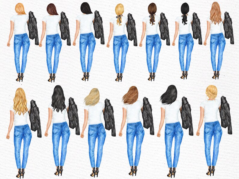 Op de afbeelding: Tien illustraties van vrouwen die witte shirts, blauwe jeans en zwarte leren jacks dragen. De vrouwen hebben verschillende kapsels en kijken naar voren.