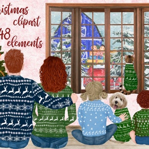 Clipart de la familia de Navidad: "FAMILY CLIPART" taza de Navidad suéteres de Navidad padres y niños perro clipart paisaje navideño
