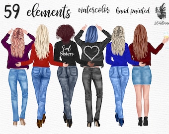 Best Friends Clipart: &quot;JEANS JACKET GIRLS&quot; Bff clipart  Customizable clipart Custom besties Soul Sisters Bridesmaid gift Mug design Girl Png