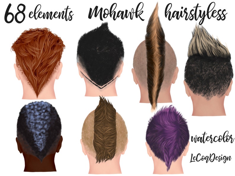 May include: 68 watercolor illustrations of mohawk hairstyles for men. The hairstyles are shown from the back of the head and feature a variety of colors and styles.