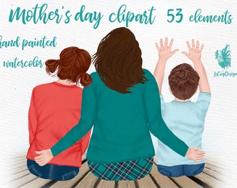 Mother and children clipart: "MOTHER'S DAY CLIPART" Fashion clipart Watercolor clipart Girls Clipart Little Boy Mom life clipart Diy invite