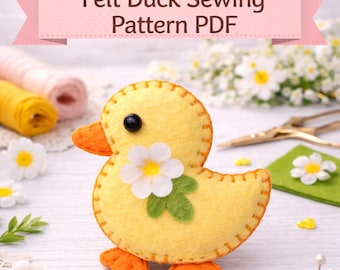 Patrón de costura de pato de fieltro en PDF, tutorial fácil para principiantes para hacer animales de fieltro, decoración de primavera y Pascua para hacer tú mismo, patrón de pato de peluche adorable, idea de regalo hecha a mano