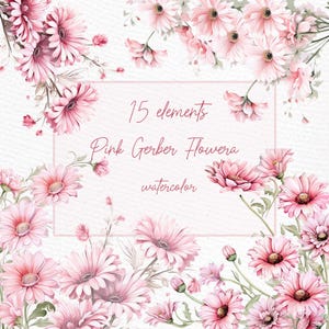 Rosa Gerbera Blumen Clipart: "Wasserfarbe rosa Blumen" Rosa Gerbera Gänseblümchen Blumen floralen Rändern Premade Clipart Hochzeit Clipart