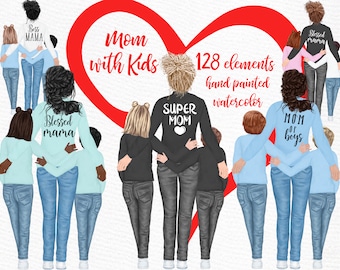 Mother and children clipart: "MOTHER'S DAY CLIPART" Fashion clipart Super mom clipart Little Girls Little Boy Mom life clipart Diy invite