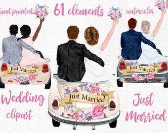 Bride and Groom clipart: "WEDDING CLIPART" Wedding illustrations Wedding dress Just married Wedding Invitation Wedding mug Wedding retro car