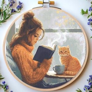 Girl with Cat Cross Stitch Pattern: Cozy Reading Scene (PDF Pattern)