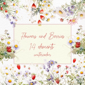 Watercolor Strawberry Clipart: Flowers & Berries PNG (14 Elements)