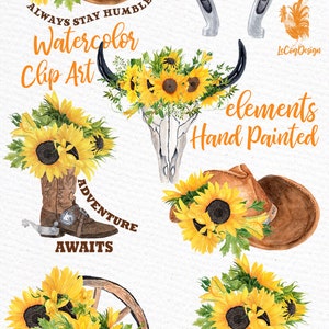 May include: Watercolor clip art featuring sunflowers, cowboy boots, a horseshoe, a cowboy hat, a wagon wheel, and a skull with horns. Text includes "Always Stay Humble & Kind" and "Adventure Awaits."