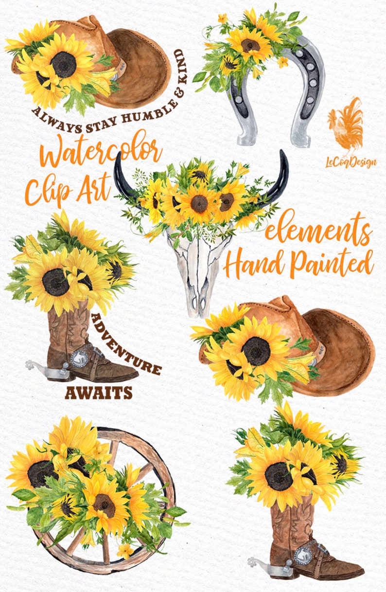 May include: Watercolor clip art featuring sunflowers, cowboy boots, a horseshoe, a cowboy hat, a wagon wheel, and a skull with horns. Text includes "Always Stay Humble & Kind" and "Adventure Awaits."