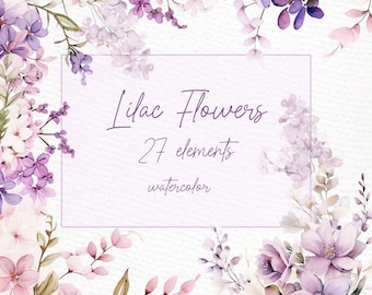 Watercolor Lilac Flowers Clipart: Floral Frames & Wreaths (PNG)