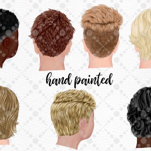 May include: Set of seven hand-painted illustrations of different hairstyles for men. The illustrations are in various shades of brown, black, and blonde.