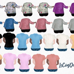 May include: Set of 20 digital illustrations of people wearing different outfits, including floral print jackets, denim jackets, t-shirts, and sweaters. The people are all facing forward with their arms outstretched, as if they are holding hands.