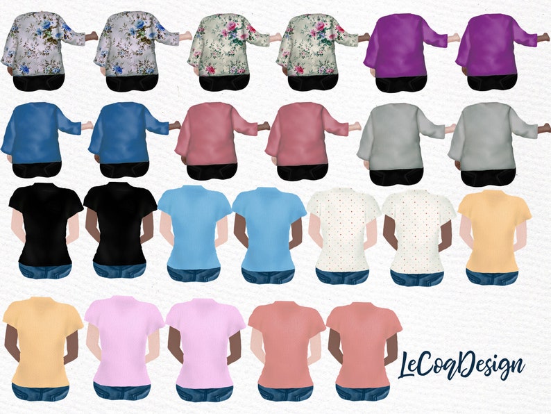 May include: Set of 20 digital illustrations of people wearing different outfits, including floral print jackets, denim jackets, t-shirts, and sweaters. The people are all facing forward with their arms outstretched, as if they are holding hands.