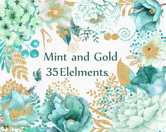 Gold Mint flowers clipart: &quot;WATERCOLOR FLOWERS&quot; Wedding flowers Gold glitter floral Teal flowers Turquoise Flowers DIY wedding Greeting card