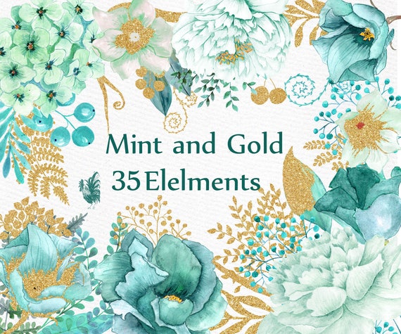 Download Gold Mint Flowers Clipart Watercolor Flowers Etsy