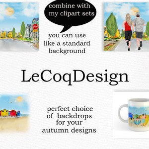 May include: A watercolour illustration of a colourful row of beach houses with a blue sky and white clouds. The houses are painted in shades of blue, green, yellow, red, and orange. The illustration is perfect for use as a background for autumn designs.