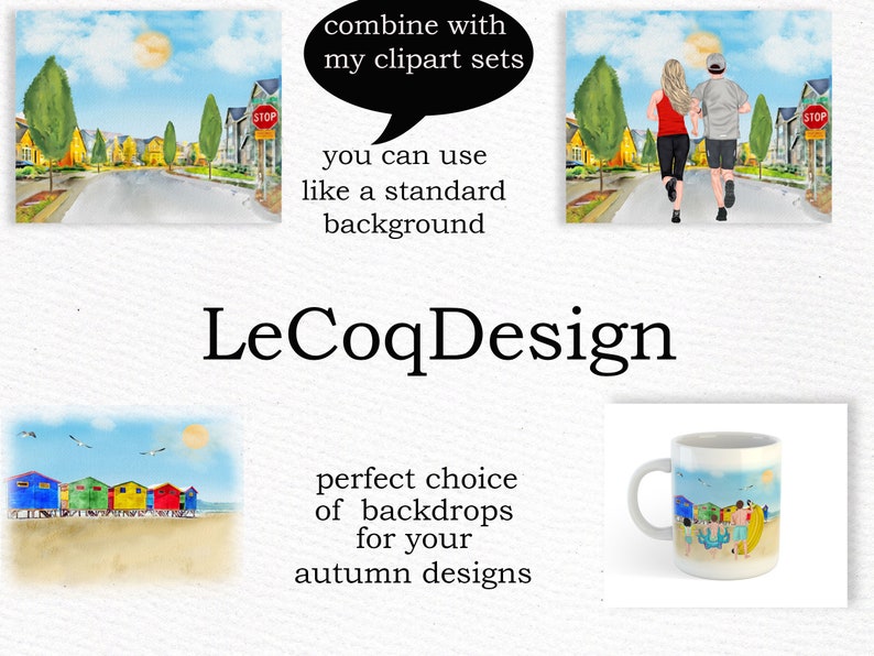 May include: A watercolour illustration of a colourful row of beach houses with a blue sky and white clouds. The houses are painted in shades of blue, green, yellow, red, and orange. The illustration is perfect for use as a background for autumn designs.