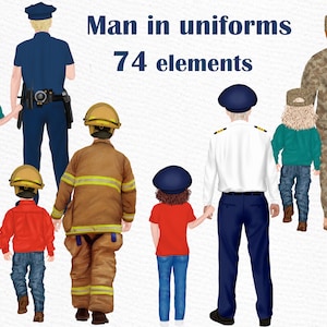 Clipart de homens de uniforme: "DAD HERO CLIPART" Clipart de soldado Clipart de policial Clipart de piloto Clipart de bombeiro Pai e filhos Super pai