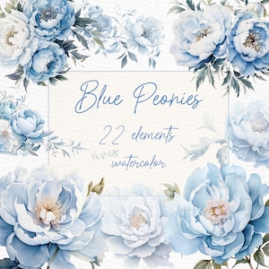 Dusty Blue flores Clipart: "BLUE PEONIES PNG" Acuarela Flores azules png Invitaciones de boda Premade Clipart Coronas azules Bordes florales