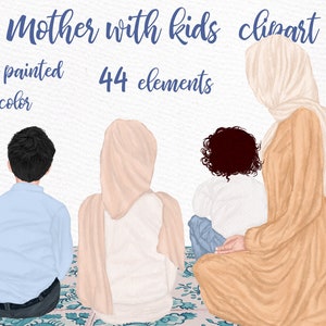 Clipart de mujeres y niños musulmanes: "FAMILIA MUSULMANA" Clipart para niños Hijab clipart Niñas musulmanas Clipart personalizable Familia musulmana trasera