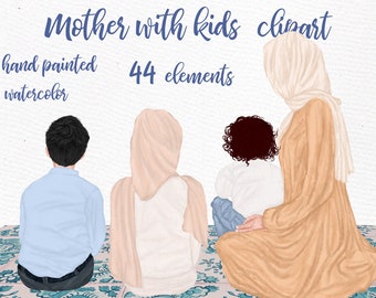 Muslim women and kids clipart: "MUSLIM FAMILY" Kids clipart Hijab clipart Muslim girls Customizable clipart Custom family Muslim Family rear