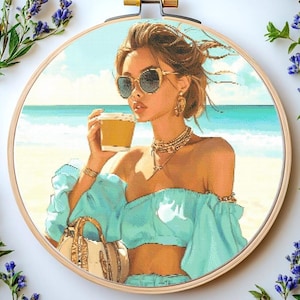 Girl Cross Stitch Pattern: &quot;GIRL DRINKING COFFEE&quot; Girl Cross Stitch Pdf Summer Girl cross stitch Fashion Girl Embroidery Modern Cross stitch