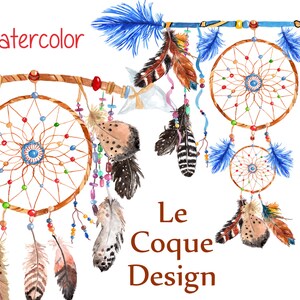 May include: Watercolor illustration of a dreamcatcher with feathers and beads. The dreamcatcher is brown with blue and white beads. The feathers are brown, white, and blue. The text "Le Coque Design" is written in brown at the bottom of the image.