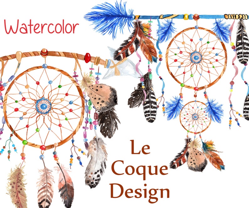 May include: Watercolor illustration of a dreamcatcher with feathers and beads. The dreamcatcher is brown with blue and white beads. The feathers are brown, white, and blue. The text "Le Coque Design" is written in brown at the bottom of the image.