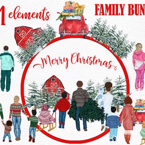 Imágenes prediseñadas del paquete familiar de invierno: "CHRISTMAS BUNDLE CLIPART" Granja Navidad Tarjetas de Navidad Pino Bosque Nieve superposición Padres e hijos Png